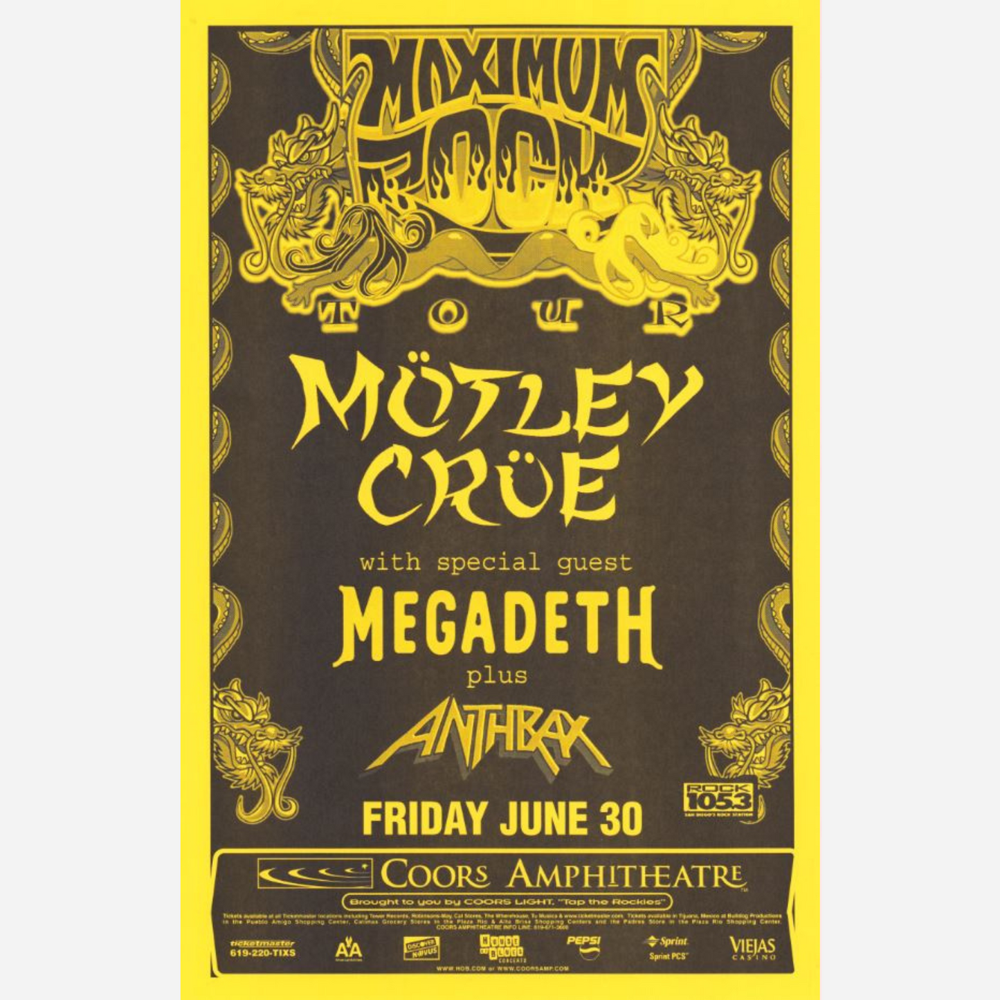Motley Crue, Megadeth & Anthrax 2000 Coors Amphitheatre | Very Rare & Near Mint